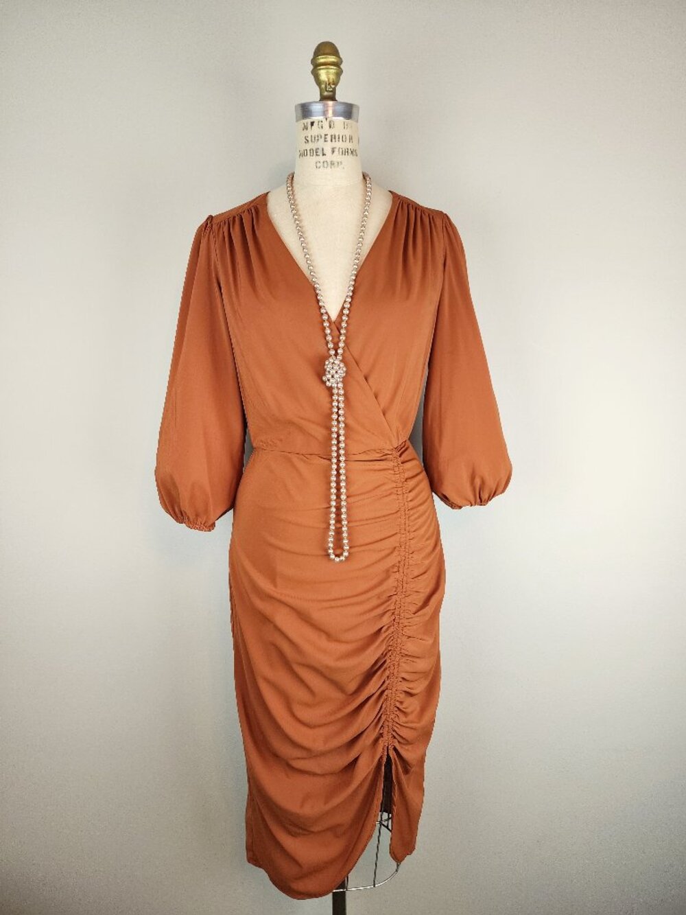 Maison Tara Pumpkin Spice Ruched Midi Dress with Lantern Sleeves * Size 8